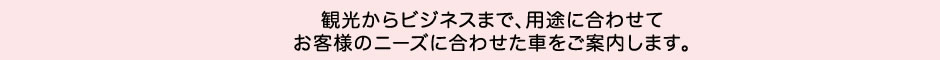 観光からビジネスまで、用途に合わせてお客様のニーズに合わせた車をご案内します。